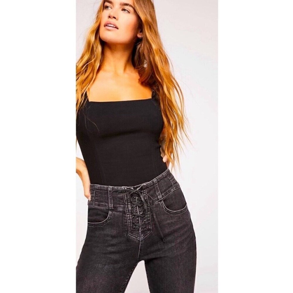 NEW! We The Free Lace Up Tie CRVY High Rise Jeans Black SZ 26